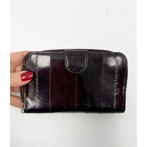 Vintage Shiny Brown Eel Skin Leather Wallet Clutch Exotic Animal Rocers Boots